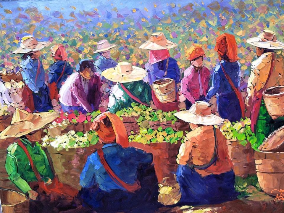 Gemälde, das Teebauern bei der Teeernte zeigt