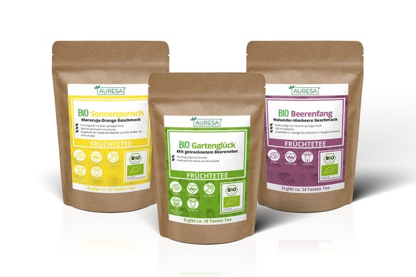 Bio Früchtetees Bio Gartenglück, Bio Sonnenpunsch und Bio Beerenfang