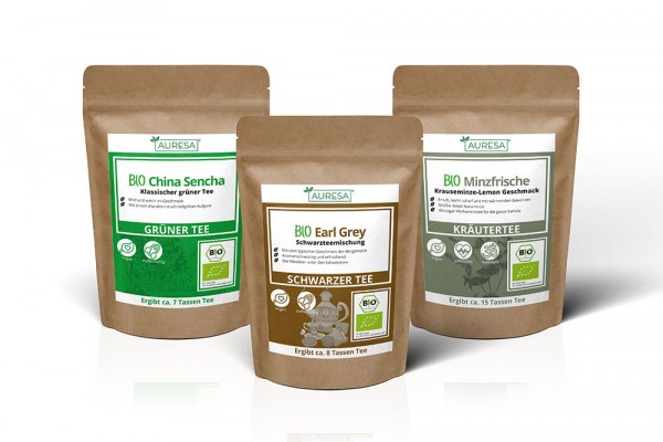 Bio Tee Set: Schwarzer Tee Earl Grey, Kräutertee Minzfrische und grüner Tee China Sencha