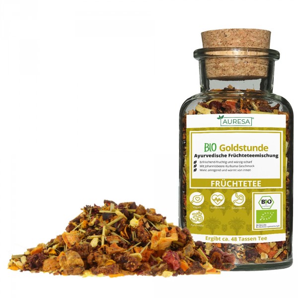 Loser Ayurveda Bio Goldstunde Früchtetee mit Glas