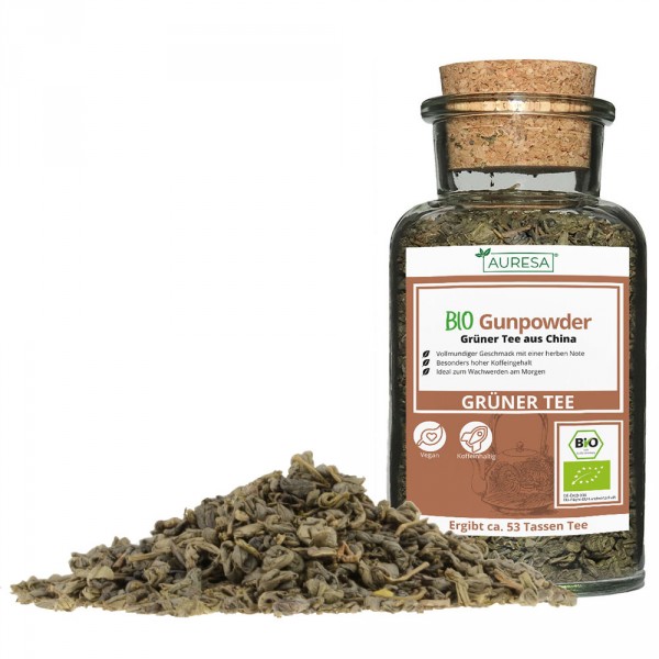 Loser grüner Tee Bio Gunpowder mit Glas